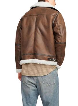 Veste d'aviateur Jack and Jones en mouton retourné marron pour homme.