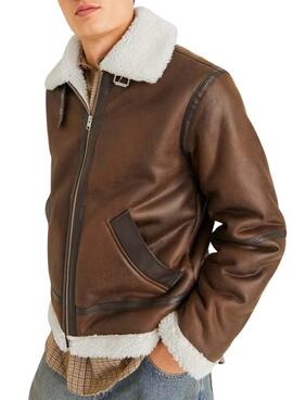 Veste d'aviateur Jack and Jones en mouton retourné marron pour homme.