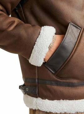 Veste d'aviateur Jack and Jones en mouton retourné marron pour homme.