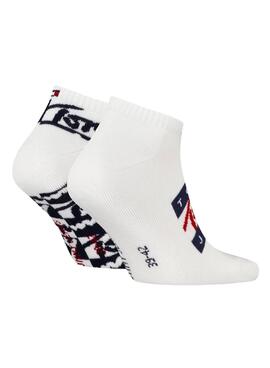 Paquet de 2 chaussettes Tommy Jeans Sneaker Flag blanches pour homme et femme.