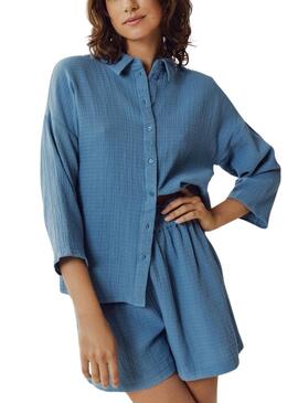 Chemise Vila Vilania à boutons 3/4 bleue pour femme