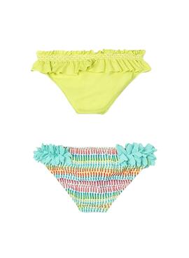 Deux culottes Mayoral jaunes et imprimées pour fille.