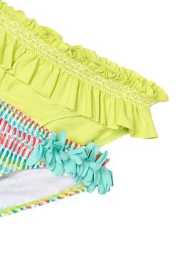 Deux culottes Mayoral jaunes et imprimées pour fille.