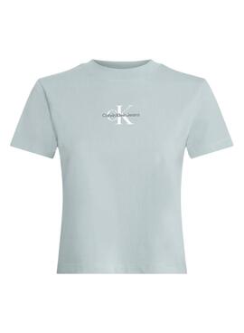 T-shirt Calvin Klein monologue bleue cropped pour femme.
