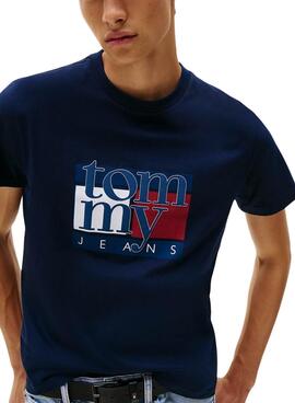 T-shirt Tommy Jeans Flag Slim bleu marine pour homme
