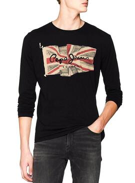 T-Shirt Pepe Jeans Flag Logo LS Noir Pour Homme
