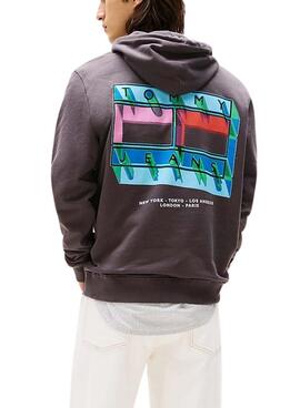 Sweat à capuche Tommy Jeans DNA Flag gris pour homme.