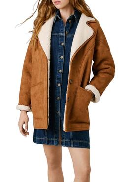 Manteau Pepe Jeans Teresa chameau avec doublure en mouton pour femme