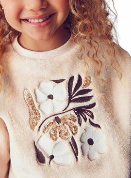 Sweat à capuche Mayoral en peluche beige avec des fleurs pour fille