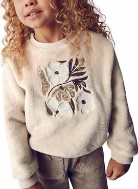 Sweat à capuche Mayoral en peluche beige avec des fleurs pour fille