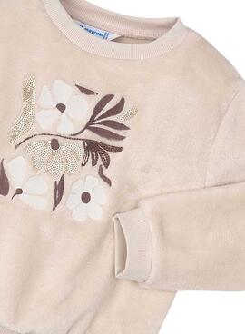 Sweat à capuche Mayoral en peluche beige avec des fleurs pour fille