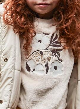 Sweat à capuche Mayoral en peluche beige avec des fleurs pour fille