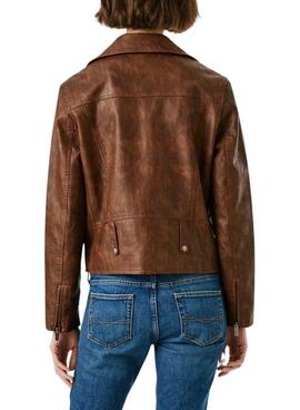 Veste de moto Pepe Jeans Stacy en simili cuir marron pour femme