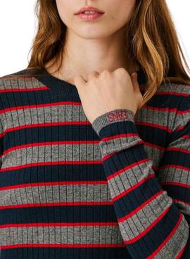 Robe Pepe Jeans Clarisse longue côtelée à rayures imprimées pour femme.