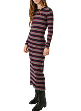 Robe Pepe Jeans Clarisse longue côtelée à rayures imprimées pour femme.