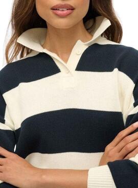 Maillot Superdry Slouchy à rayures rugby marine et beige pour femme.