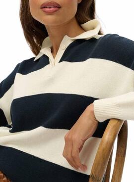 Maillot Superdry Slouchy à rayures rugby marine et beige pour femme.