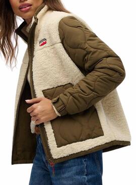 Veste polaire Superdry Fleece Hybrid beige et vert pour femme.