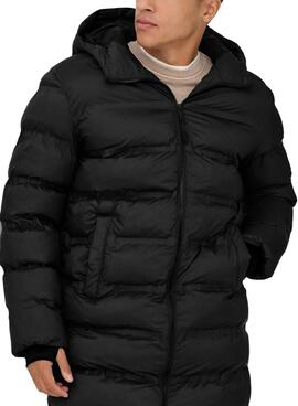 Manteau matelassé Only and Sons Union noir avec capuche pour homme
