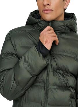 Manteau matelassé Only and Sons Union avec capuche verte pour homme