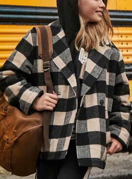 Manteau Mayoral jacquard à carreaux noir et beige pour fille