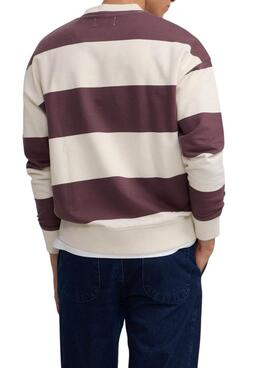Sweatshirt Silbon relaxed rayures crème et grenat pour homme