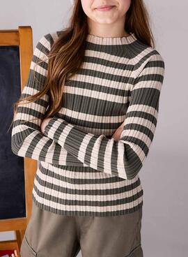 Maillot Mayoral beige et vert à col en V pour fille.