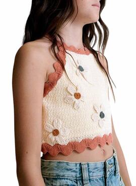 Top de maire en tricot avec des fleurs blanc et corail pour fille.