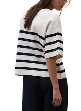 Maillot Ecoalf blanc à rayures marines imprimées pour femme.