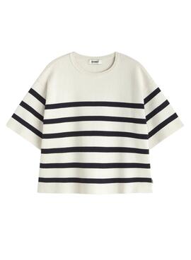 Maillot Ecoalf blanc à rayures marines imprimées pour femme.