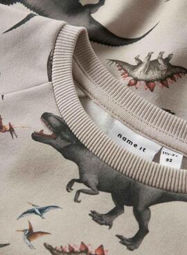 Sweat-shirt Name It Berit beige avec impression de dinosaures pour garçon.
