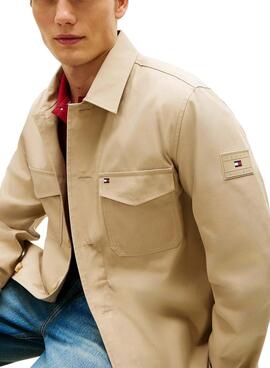 Chemise surchemise Tommy Hilfiger en coton et nylon beige pour homme.