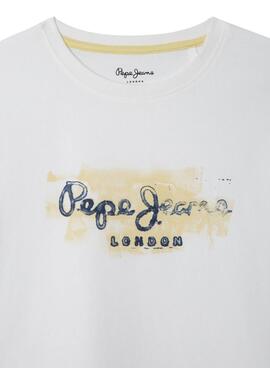 T-shirt Pepe Jeans Joshua logo blanc cassé pour garçon