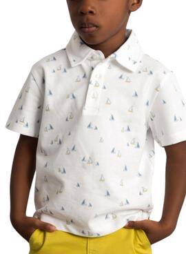 Polo à manches longues imprimé bateaux blanc pour garçon