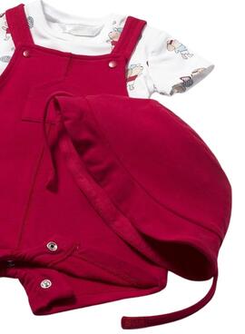 Ensemble Mayoral avec salopette rouge, T-shirt imprimé et bonnet pour bébé.