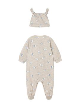 Ensemble grenouillère et bonnet Mayoral imprimé éléphants sable pour bébé