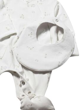 Ensemble Mayoral nouveau-né avec barboteuse blanche, bavoir et bonnet beige pour bébé.