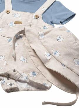 Ensemble Mayoral salopette éléphants beige et bleu avec bonnet pour bébé