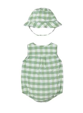 Barboteuse de maire vichy verte avec bonnet pour bébé garçon.