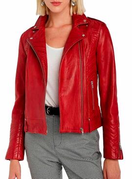 Veste Naf Naf Gravures sur Cuir Rouge Femme