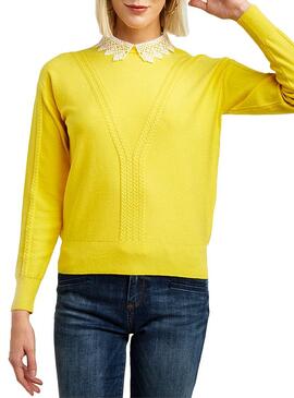 Pull Naf Naf Col Guipur Jaune Femme