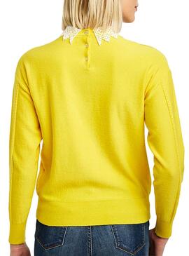 Pull Naf Naf Col Guipur Jaune Femme