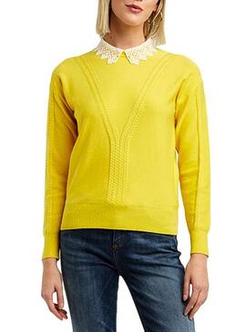 Pull Naf Naf Col Guipur Jaune Femme