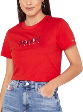 T-Shirt Tommy Jeans Logo multicolore Rouge Femme