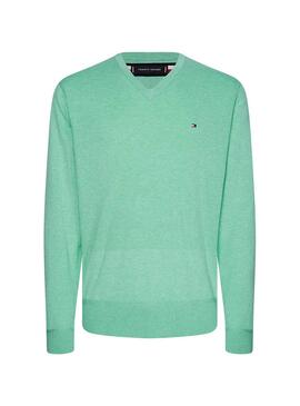 Pull Tommy Hilfiger col en V Vert pour Homme