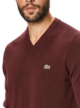 Pull Lacoste Col en V Bordeaux pour Homme