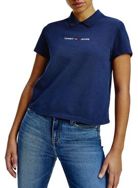 Polo Tommy Jeans Linear Logo Bleu marine pour Femme