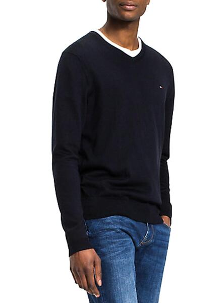 Pull col V Tommy Hilfiger basique bleu marine pour homme - Toujours