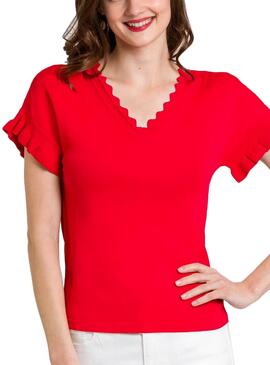 Pull Naf Naf Volants Rouge pour Femme